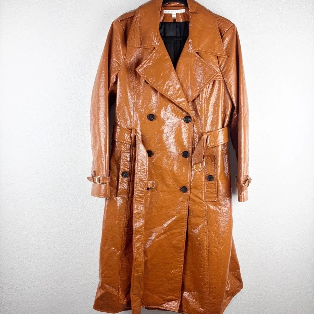 Veronica Beard Finnick Dickey Trench Coat Patent Brown Tan Size 10 - Picture 3 of 7